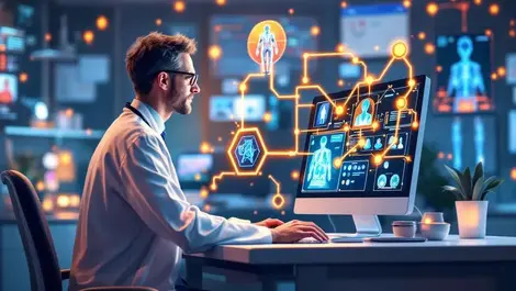 Australian doctor using ai powered computer for healthcare automation