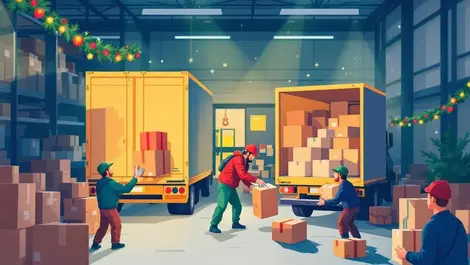 Busy warehouse workers moving boxes parcels delivery trucks holiday season activity