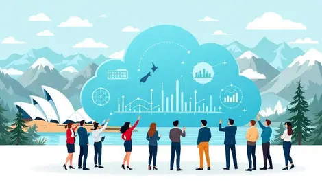 Business professionals collaborating cloud sydney opera house nz mountains