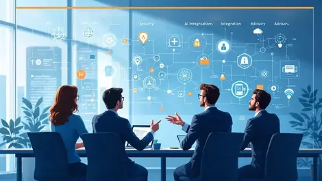 Business professionals modern office ai security icons network integration advisory