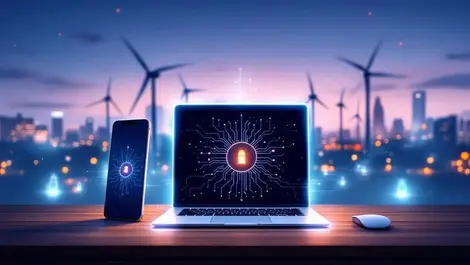 Edge ai devices on desk with circuit glow eu city wind turbines