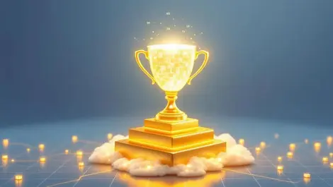 Golden data cube trophy on layered cloud platforms quadrant bg