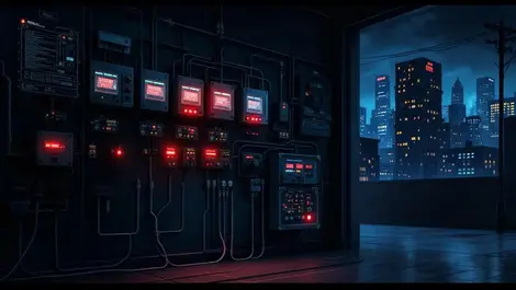 Dark control room smart relays glowing red warning outage scene