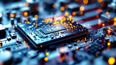 Helium quantum chip closeup on us flag lab national security