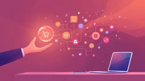 Hand reaching ai sphere to luminous branching shopping network