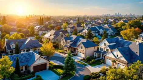 Aerial suburban solar roofing eco smart homes usa expansion view