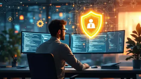 Ai funded autonomous coding security glowing shield office scene