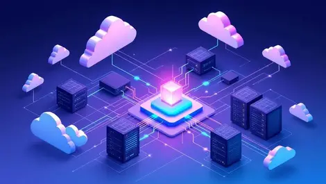 Isometric hybrid cloud data center ai routing minimalist illustration