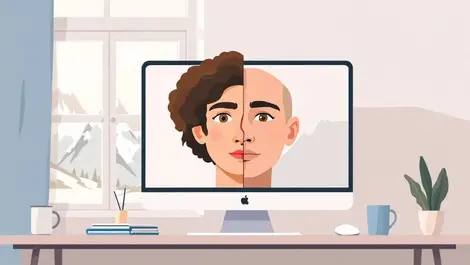 Split human ai face on monitor with swiss alps view illustration