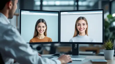 Human designer and ai creating trustworthy portrait ad scene