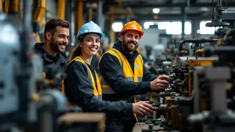 Uk workshop apprentices learning machinery mid sized factory north