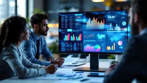 Telecom finance team reviewing analytics in modern office scene