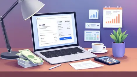 Minimalist invoice on laptop with paid bills and automated finances