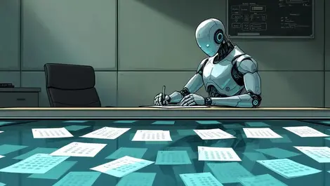 Humanoid robot taking exam over glass floor with leaked test sheets