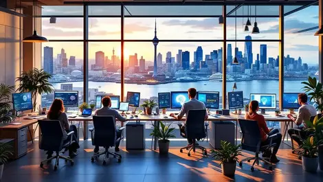 Modern nz tech office ai collaboration auckland harbour view