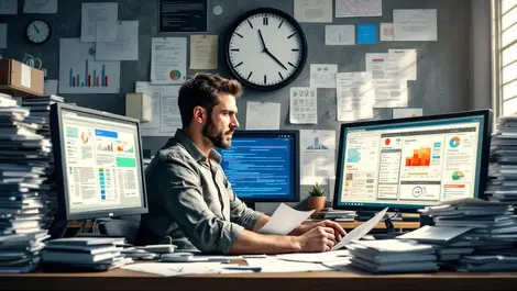 Stressed office worker comparing ai documents with paperwork clock
