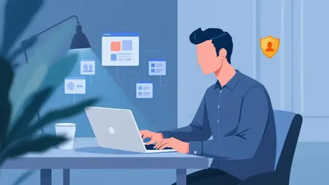 Professional reviewing social media schedule laptop shield profile