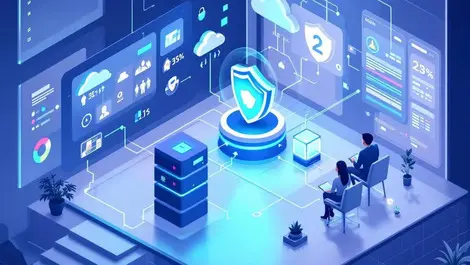 Clean isometric enterprise security dashboard unified map blue gray